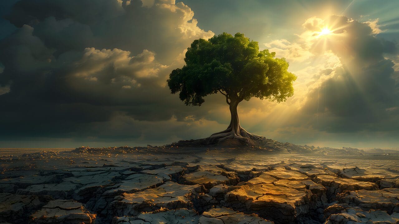 A tree on top of a rock in the middle of nowhere.