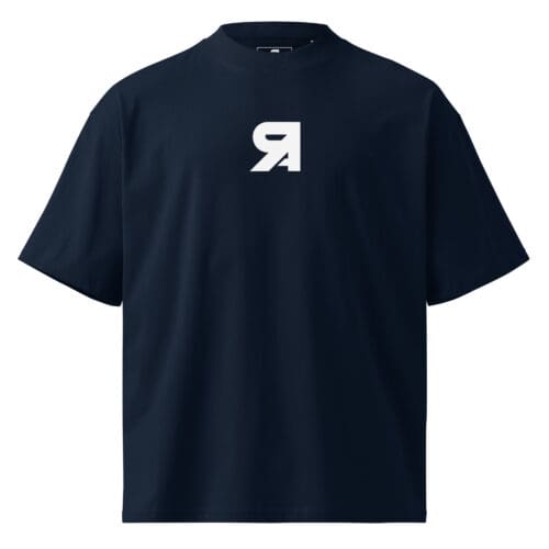 Black t-shirt with a white reversed R logo on the chest.