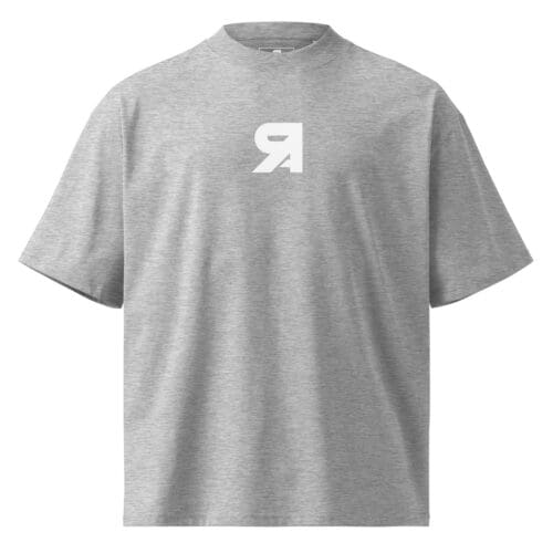 Gray T-shirt with a white reversed 'R' logo on the chest.