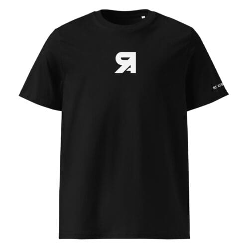 Black t-shirt with a white reversed 'R' logo on the chest.