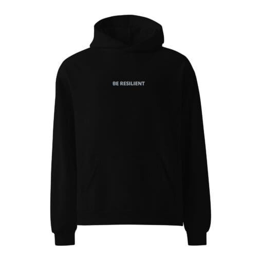 Black hoodie with minimalist white text design on the chest.