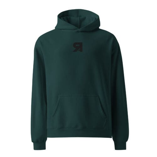 Dark green hooded sweatshirt with a front pocket and logo.